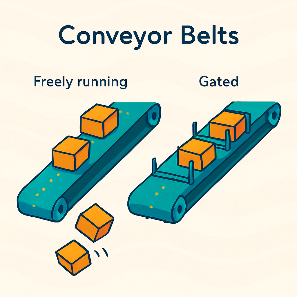Two parallel conveyor belts side by side — one running freely with objects tumbling off the end, the other gated at intervals by precise mechanical stops, rendered in cool industrial light