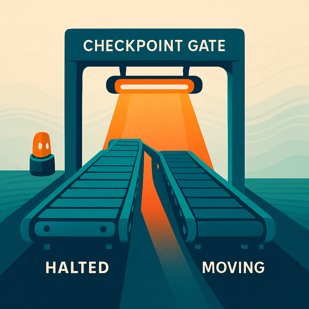 A two-lane industrial conveyor with a glowing checkpoint gate frozen mid-descent, one lane halted and one still moving, amber warning light casting long shadows across the floor