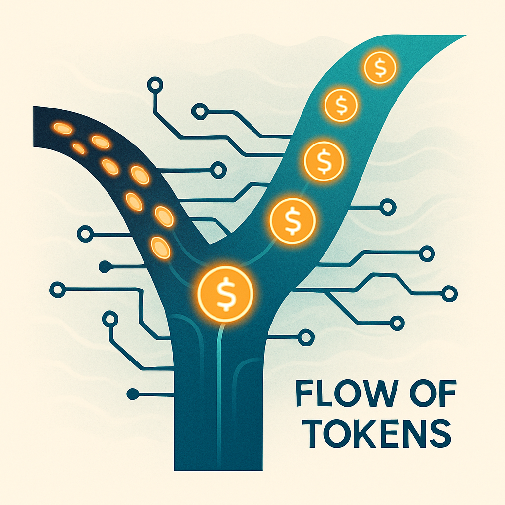 A flow of glowing tokens splitting at a fork in a dark circuit-board landscape — most tokens diverted down a narrow, dim path while a small stream continues along a bright, wide channel