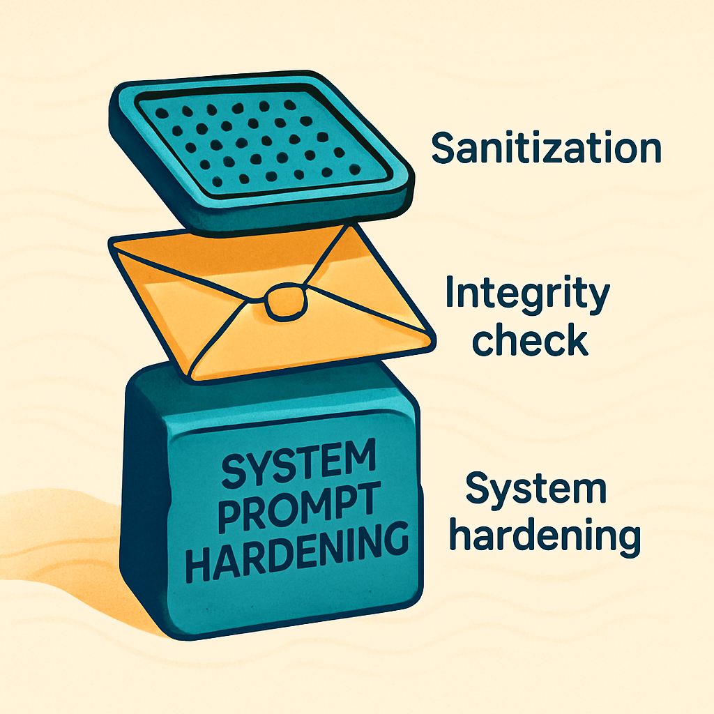 A layered security diagram rendered as physical objects — a mesh filter, a sealed envelope, and a stone tablet stacked in sequence, representing sanitization, integrity check, and system prompt hardening respectively, warm workshop lighting