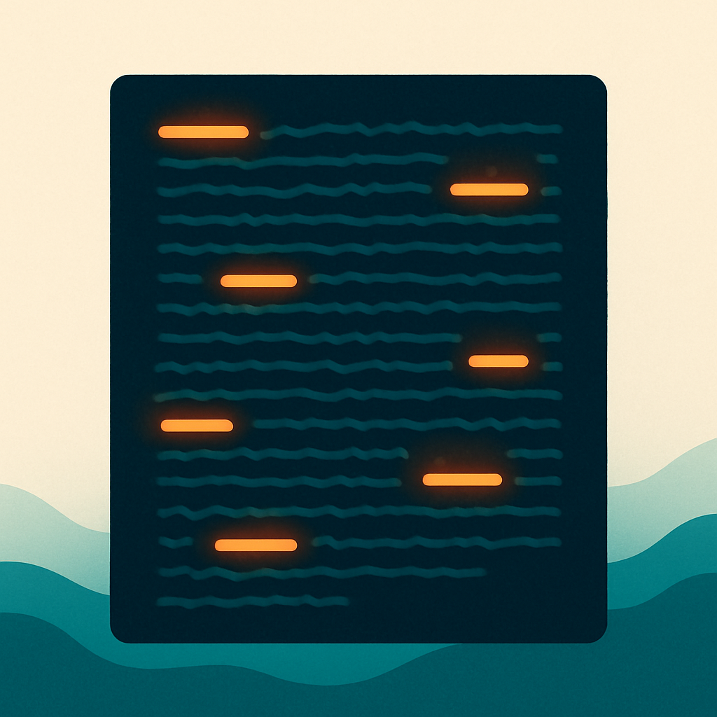 A page of dense text with glowing orange dashes scattered throughout like warning signals, moody editorial lighting, no labels or letters visible