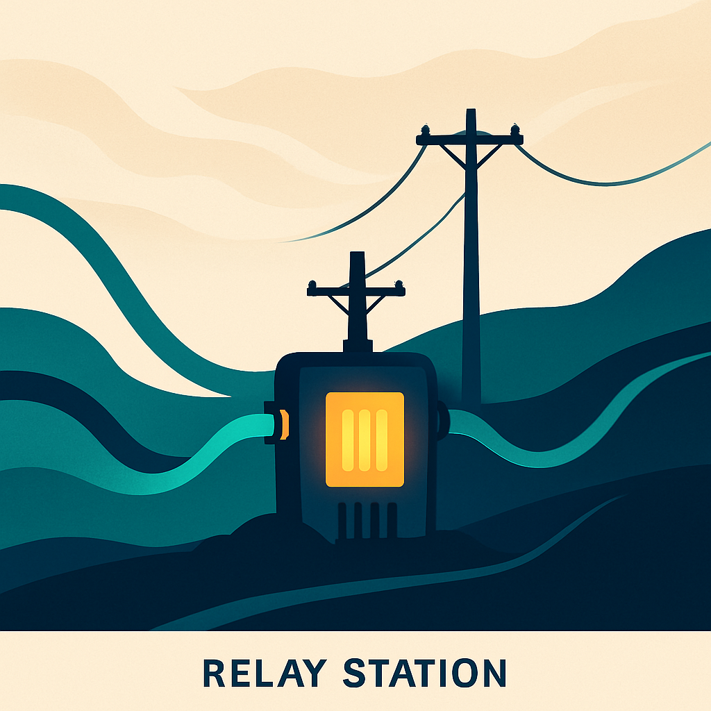 A relay station at dusk, two separate incoming cables converging on a single glowing transformer box, output line running into the dark horizon