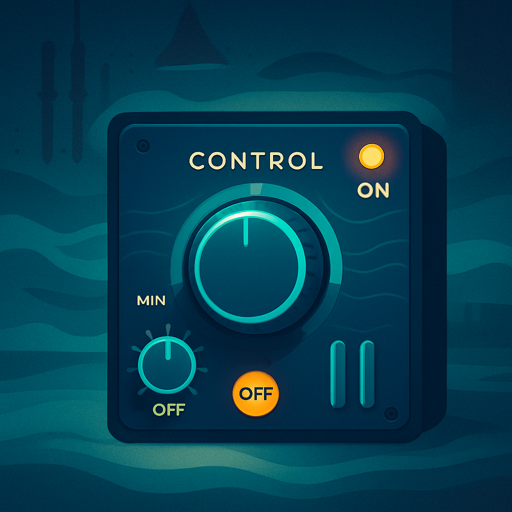 A compact control panel with clearly labeled dials and switches glowing softly in a dark workshop, one dial prominently centered, suggesting precise configuration without complexity