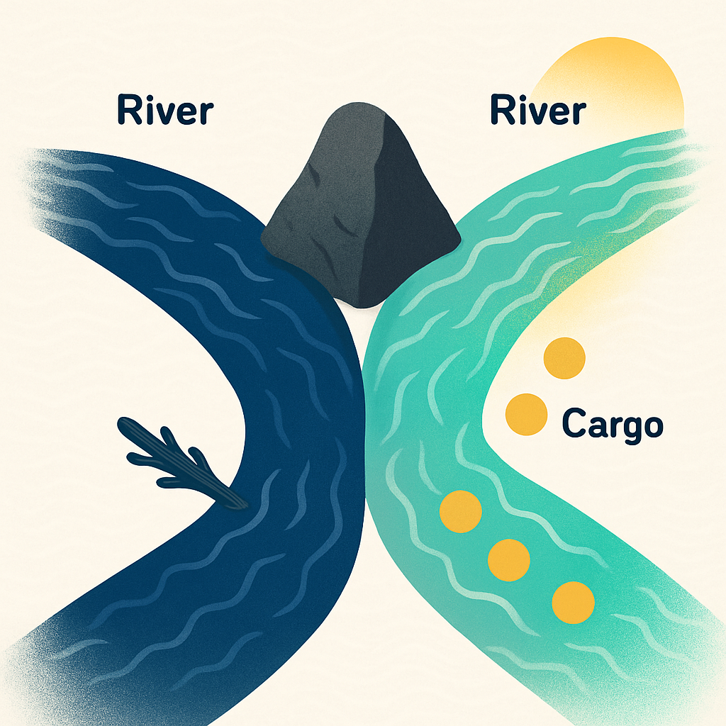 A river splitting cleanly at a rock fork — two distinct channels carrying different cargo downstream, sunlight hitting one channel, cool shade on the other