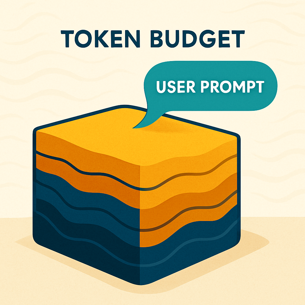 A layered cross-section diagram showing token budget layers stacking up before a user prompt arrives, rendered as geological strata in warm amber and slate tones