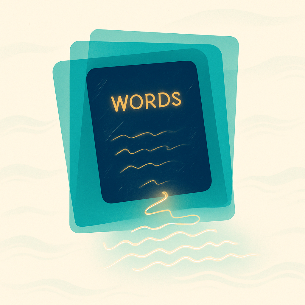 An abstract luminous scratchpad suspended inside layered translucent geometry, words flickering into visibility before dissolving into flowing text below